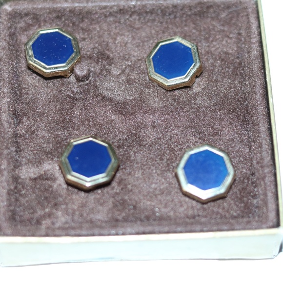 Vintage Avon Gold Tone Navy Enamel Hexagon Button Covers Set Of 4  Original Box - Picture 1 of 3
